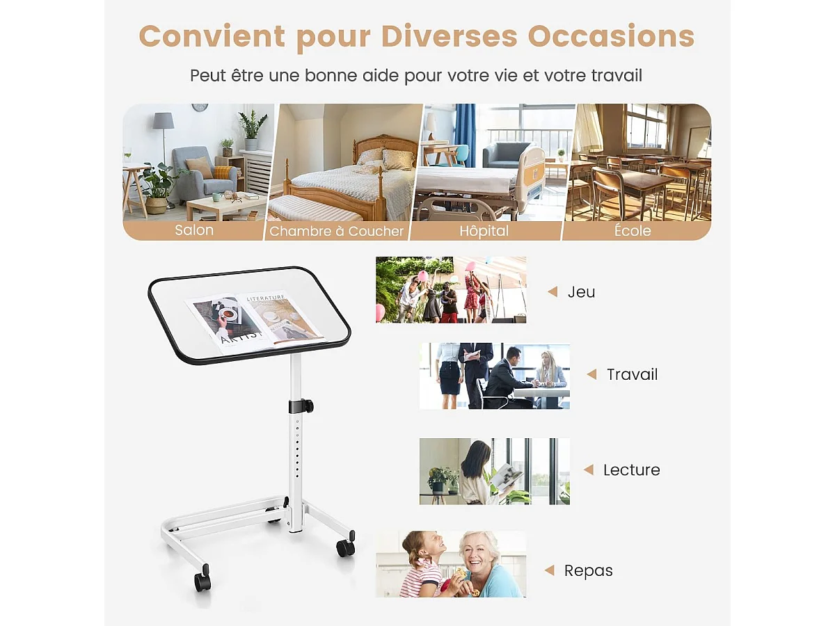 Table de Lit avec roulettes Verrouillables, Bureau Roulante pour Lit Réglable en Hauteur,Rangement Pliable, Plateau Inclinable 180°, Charge 20kg