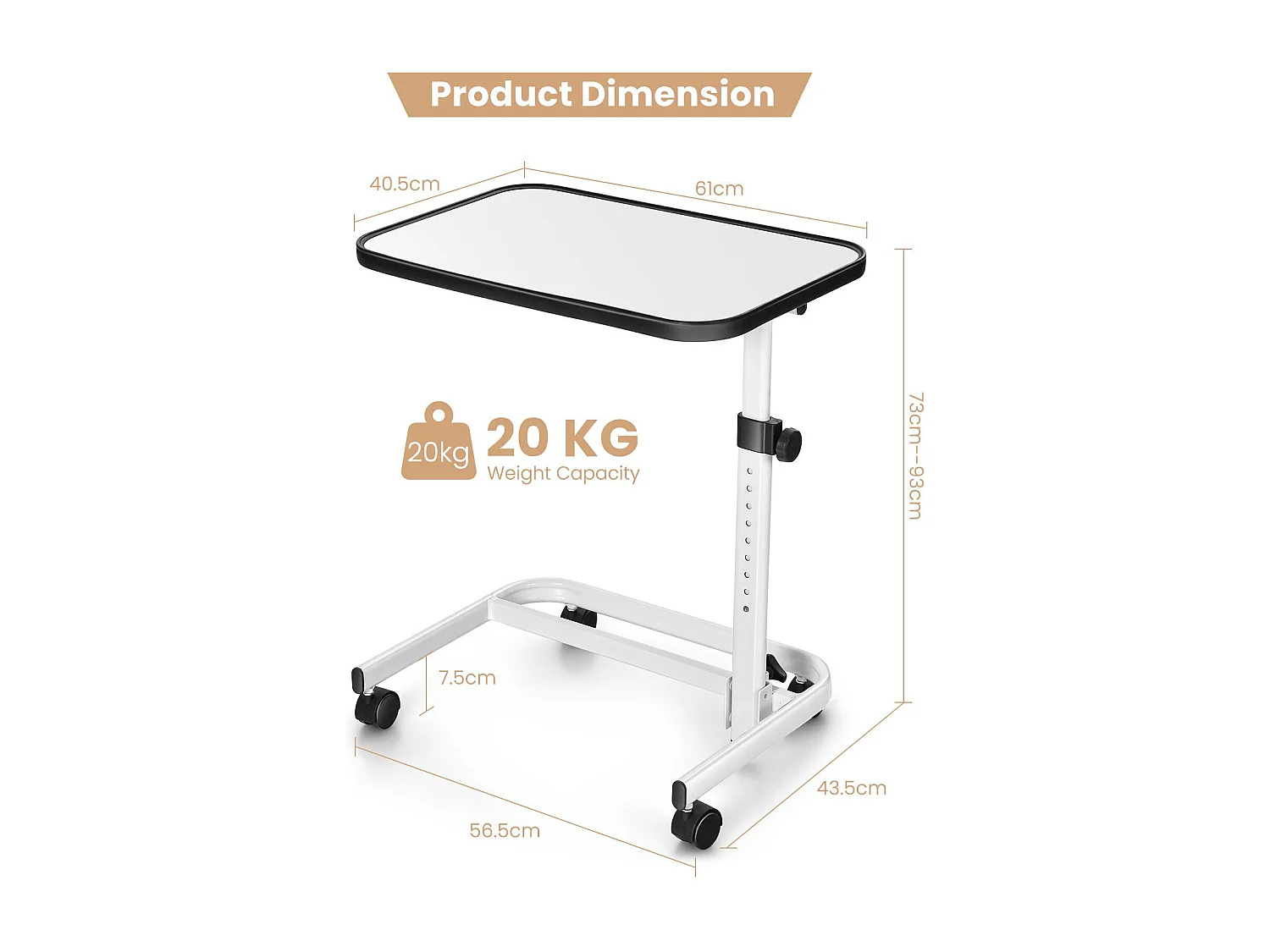 Table de Lit avec roulettes Verrouillables, Bureau Roulante pour Lit Réglable en Hauteur,Rangement Pliable, Plateau Inclinable 180°, Charge 20kg