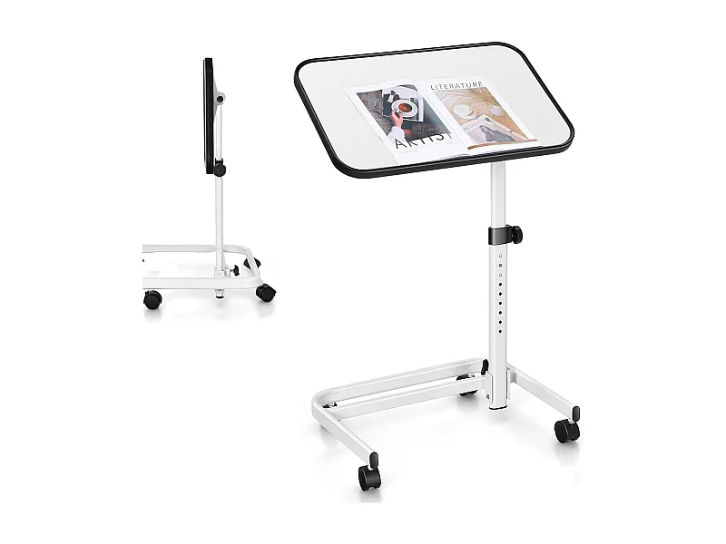 Table de Lit avec roulettes Verrouillables, Bureau Roulante pour Lit Réglable en Hauteur,Rangement Pliable, Plateau Inclinable 180°, Charge 20kg