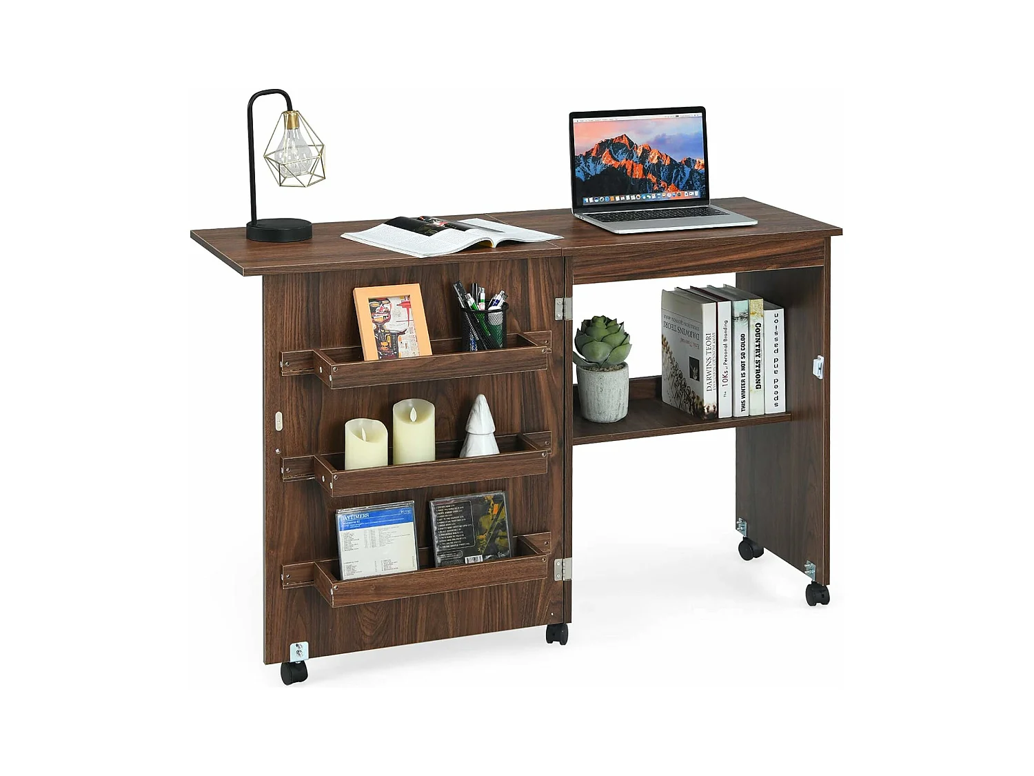Table de Couture Pliante Meuble pour Machine à Coudre avec 3 Etagères pour Bobines et Roulettes verrouillables en Bois