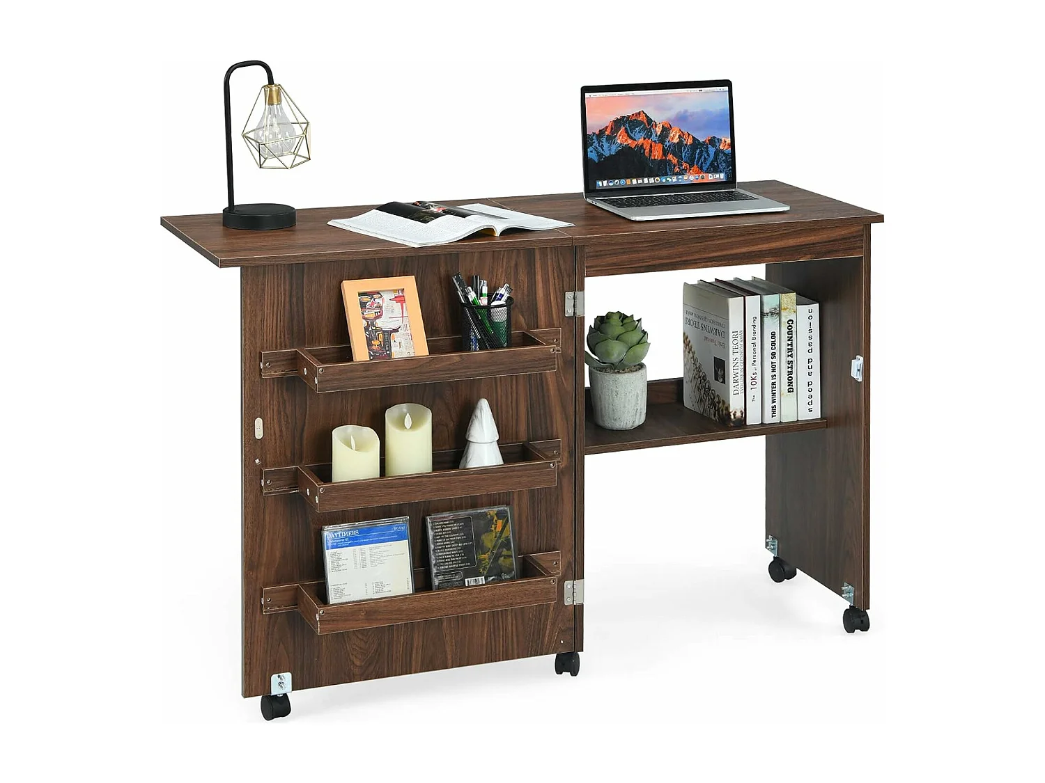 Table de Couture Pliante Meuble pour Machine à Coudre avec 3 Etagères pour Bobines et Roulettes verrouillables en Bois