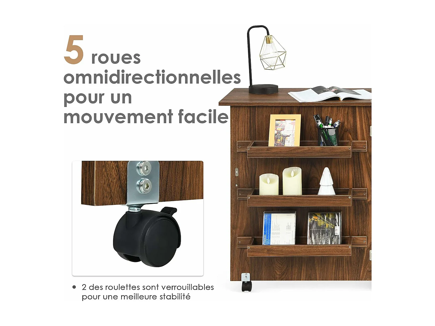 Table de Couture Pliante Meuble pour Machine à Coudre avec 3 Etagères pour Bobines et Roulettes verrouillables en Bois