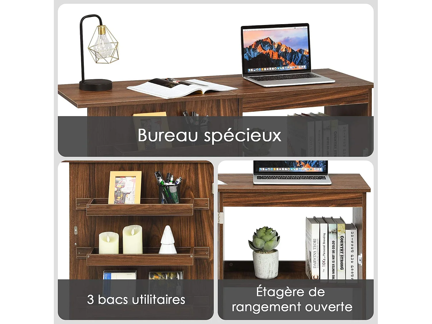 Table de Couture Pliante Meuble pour Machine à Coudre avec 3 Etagères pour Bobines et Roulettes verrouillables en Bois