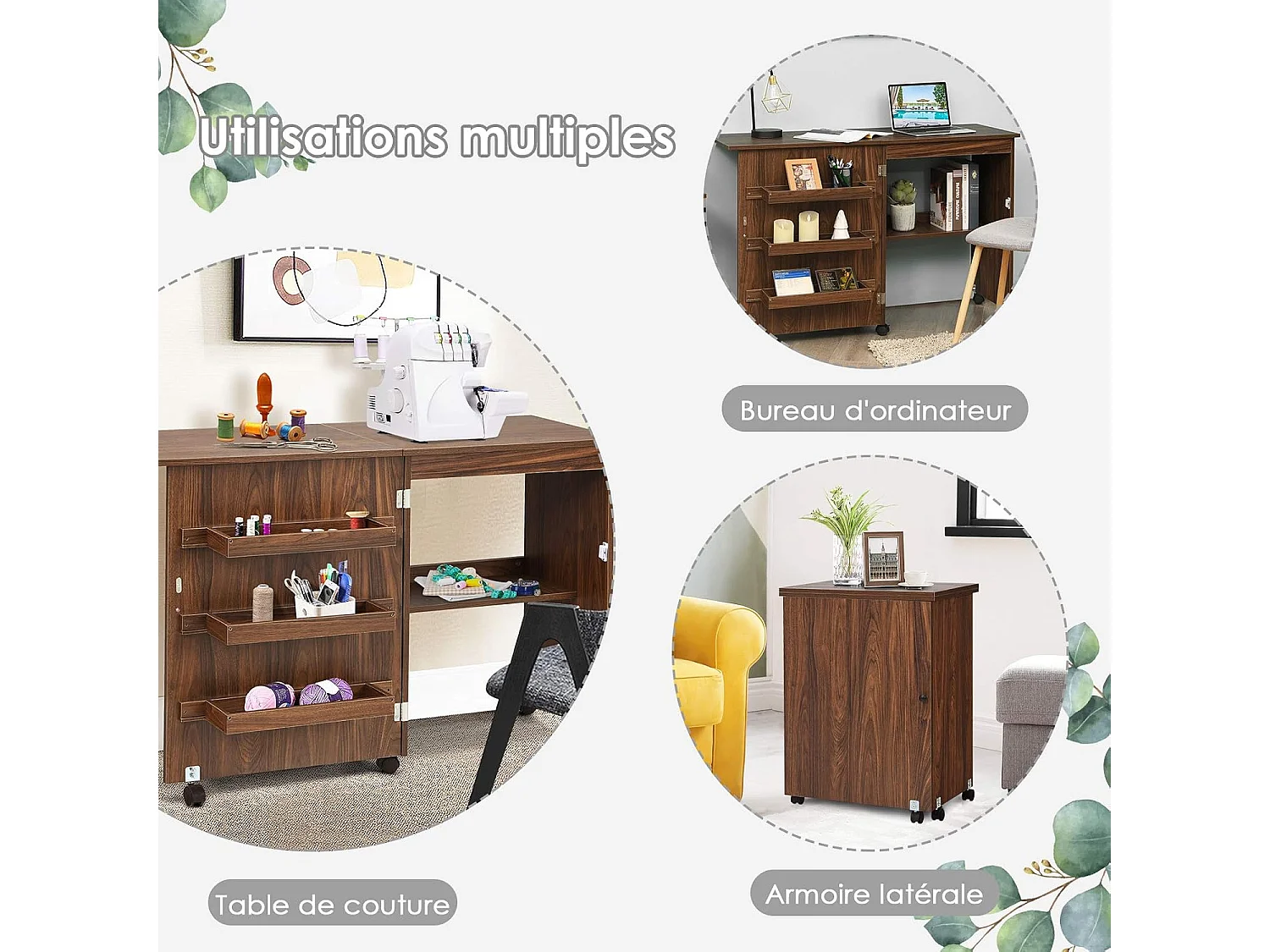Table de Couture Pliante Meuble pour Machine à Coudre avec 3 Etagères pour Bobines et Roulettes verrouillables en Bois