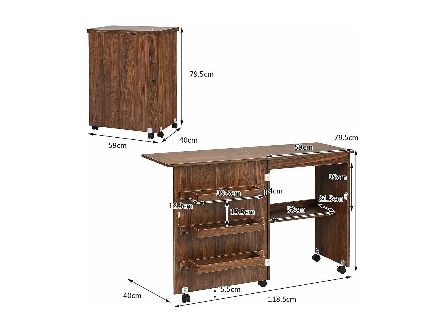 Table de Couture Pliante Meuble pour Machine à Coudre avec 3 Etagères pour Bobines et Roulettes verrouillables en Bois