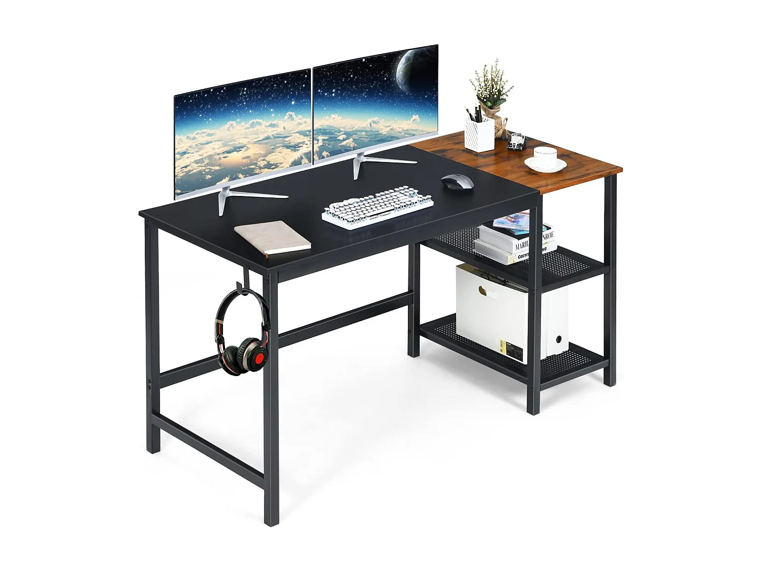 Bureau d'Ordinateur Épissure, Bureau Informatique avec Étagères de Rangement à 2 Niveaux, Étagère du Milieu Amovible et Crochet pour Casque, 150 x 60 x 74 cm, Noir