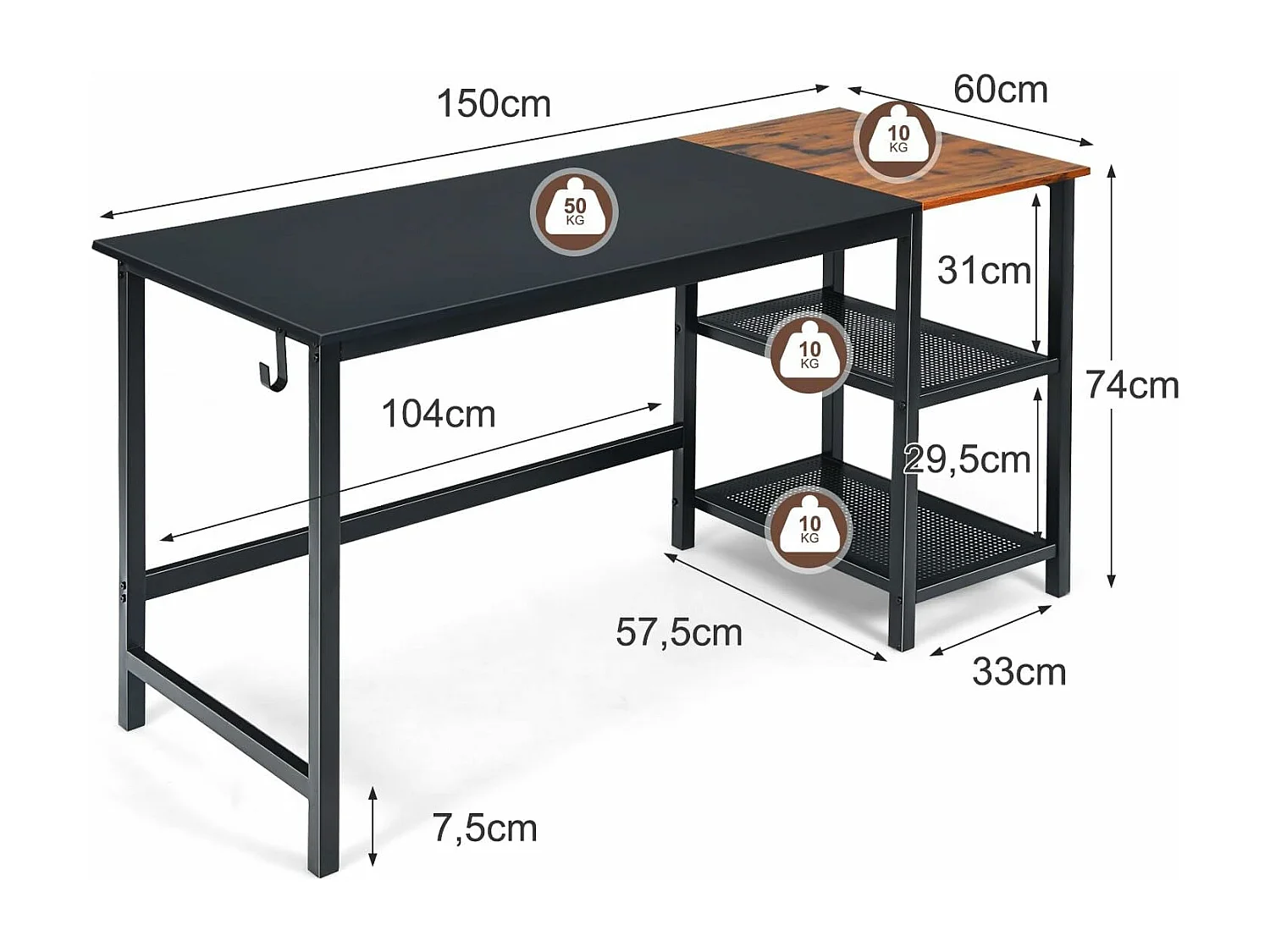 Bureau d'Ordinateur Épissure, Bureau Informatique avec Étagères de Rangement à 2 Niveaux, Étagère du Milieu Amovible et Crochet pour Casque, 150 x 60 x 74 cm, Noir