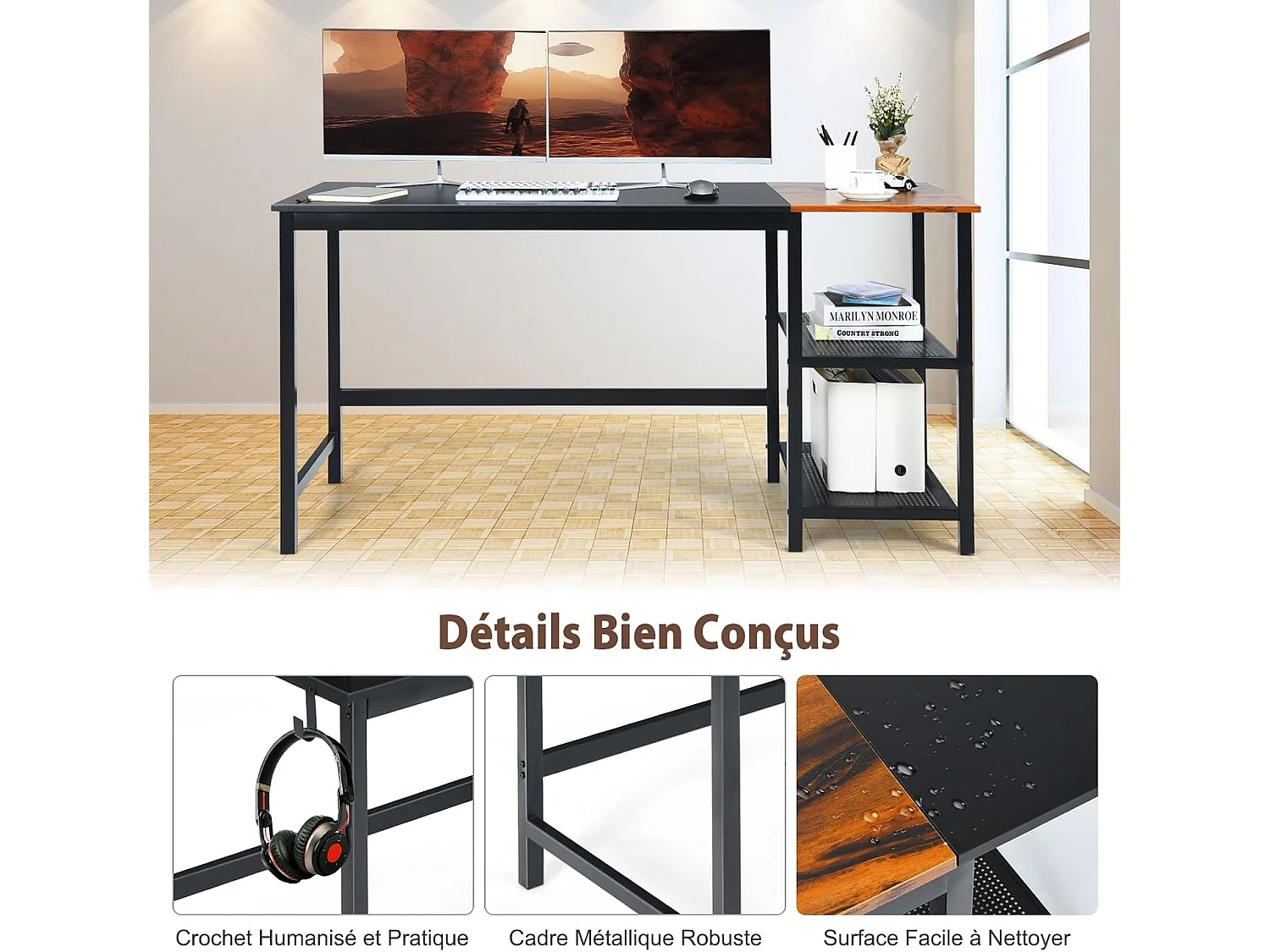 Bureau d'Ordinateur Épissure, Bureau Informatique avec Étagères de Rangement à 2 Niveaux, Étagère du Milieu Amovible et Crochet pour Casque, 150 x 60 x 74 cm, Noir