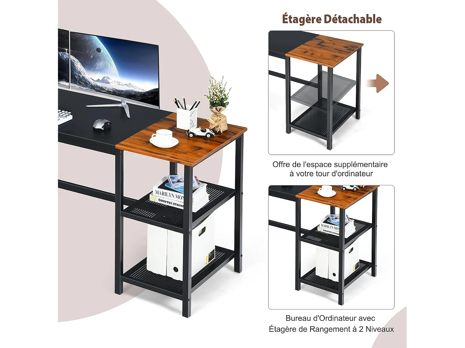 Bureau d'Ordinateur Épissure, Bureau Informatique avec Étagères de Rangement à 2 Niveaux, Étagère du Milieu Amovible et Crochet pour Casque, 150 x 60 x 74 cm, Noir