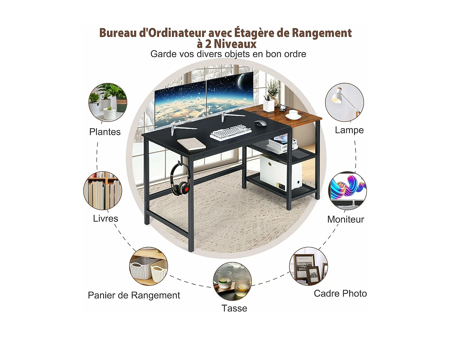 Bureau d'Ordinateur Épissure, Bureau Informatique avec Étagères de Rangement à 2 Niveaux, Étagère du Milieu Amovible et Crochet pour Casque, 150 x 60 x 74 cm, Noir