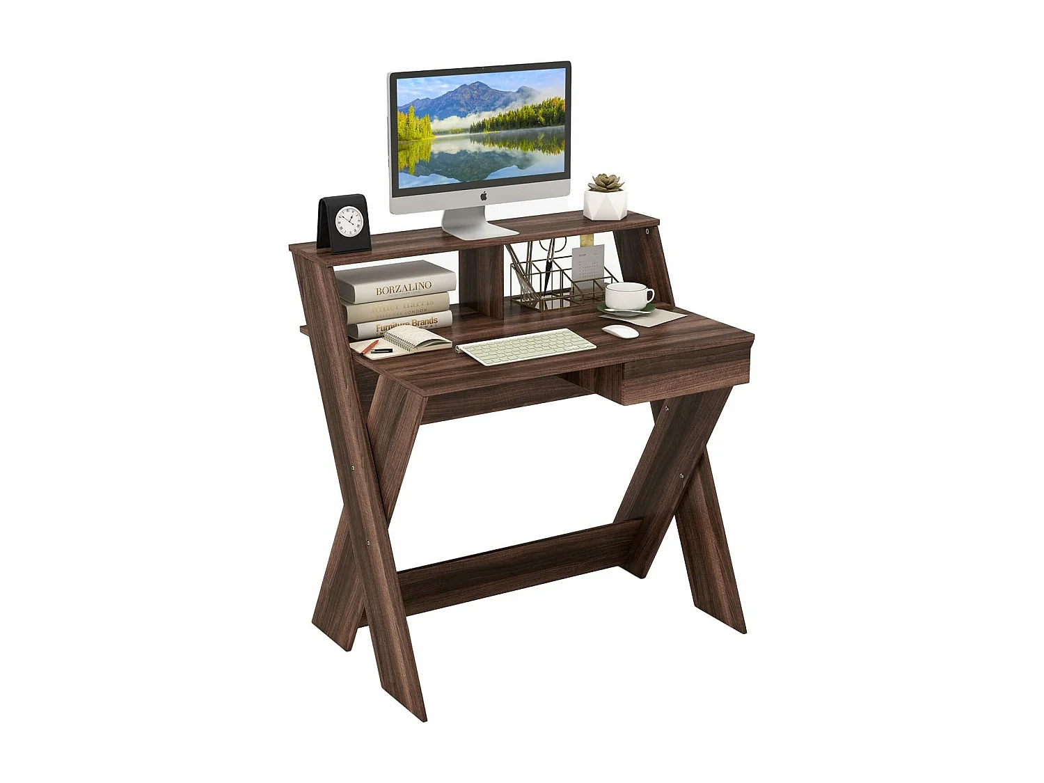 Bureau d'Ordinateur avec Tiroir, Bureau Informatique en Forme de X avec Support d'Écran, Repose-Pieds, Table de Bureau pour Étudier, Jouer, Travailler (Noyer)