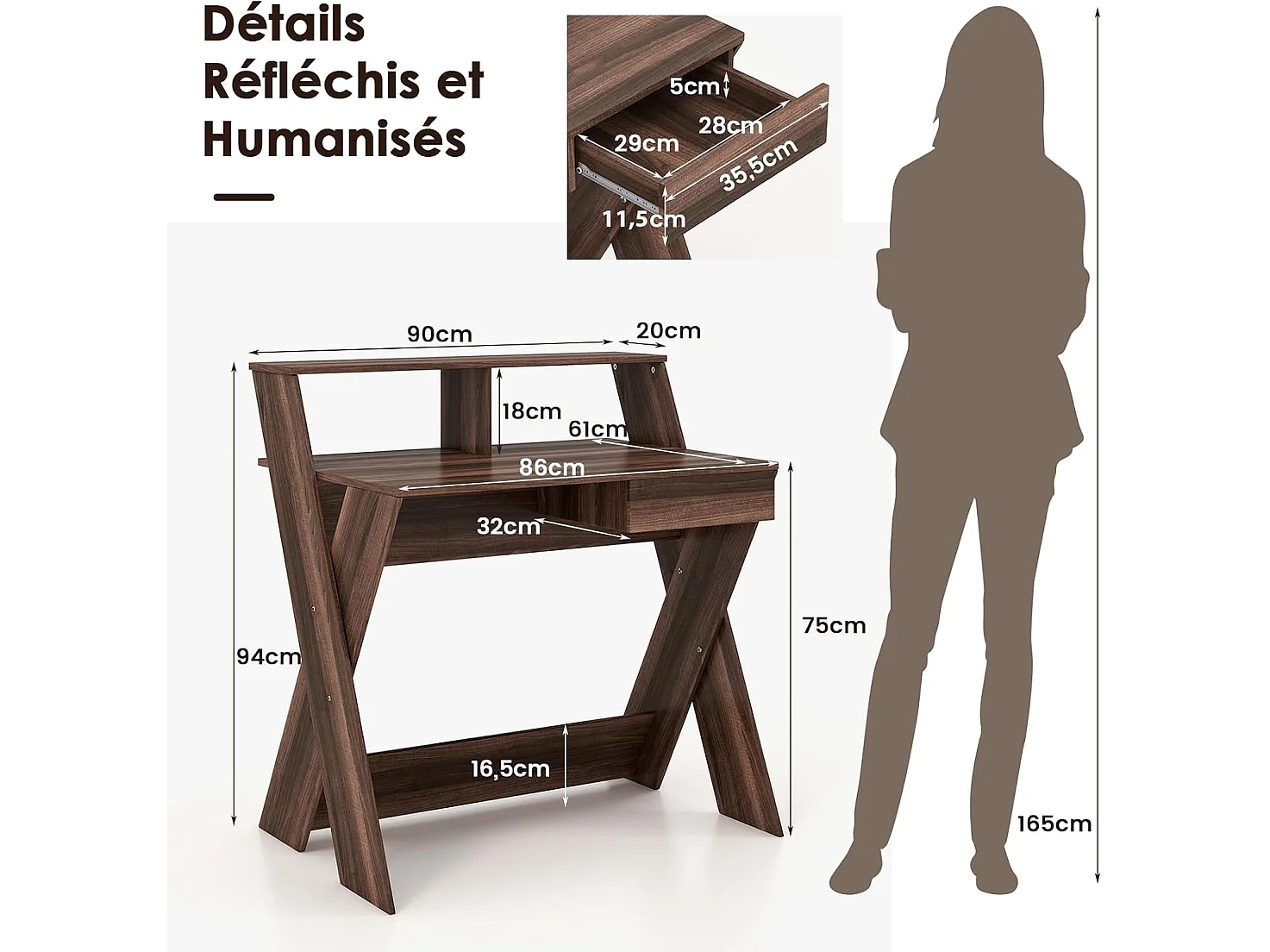 Bureau d'Ordinateur avec Tiroir, Bureau Informatique en Forme de X avec Support d'Écran, Repose-Pieds, Table de Bureau pour Étudier, Jouer, Travailler (Noyer)