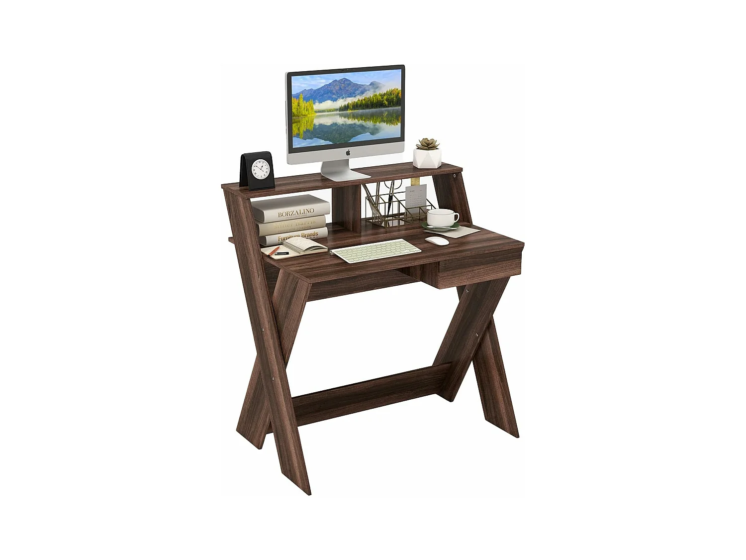 Bureau d'Ordinateur avec Tiroir, Bureau Informatique en Forme de X avec Support d'Écran, Repose-Pieds, Table de Bureau pour Étudier, Jouer, Travailler (Noyer)