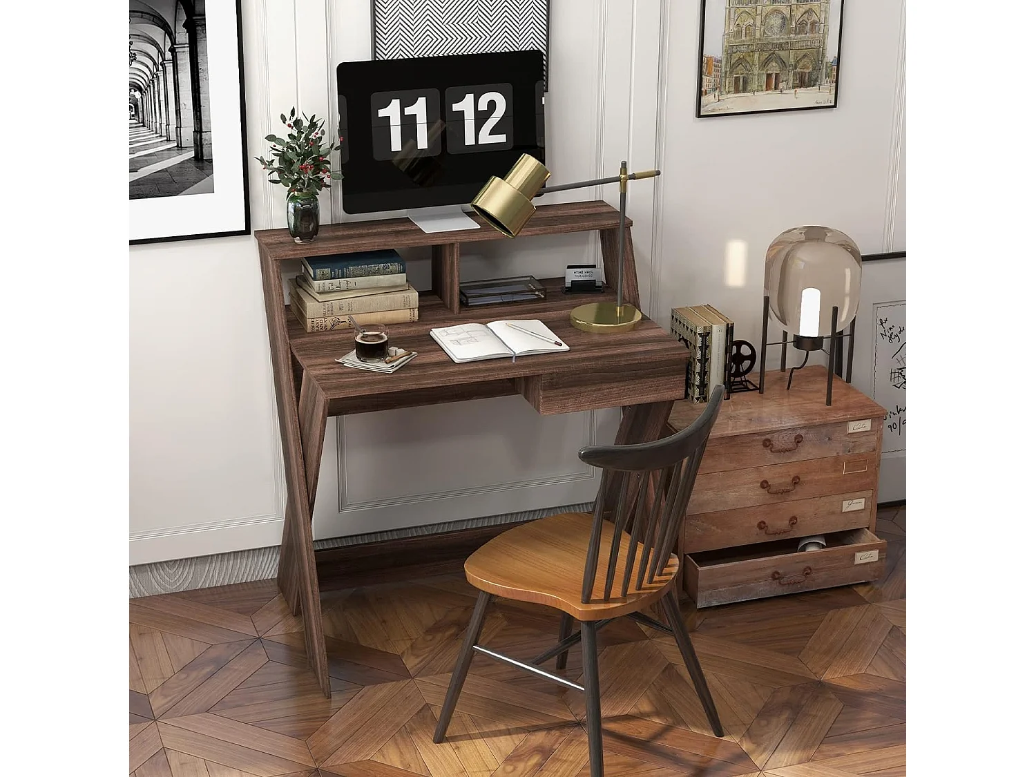 Bureau d'Ordinateur avec Tiroir, Bureau Informatique en Forme de X avec Support d'Écran, Repose-Pieds, Table de Bureau pour Étudier, Jouer, Travailler (Noyer)