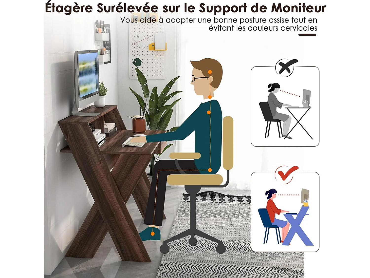 Bureau d'Ordinateur avec Tiroir, Bureau Informatique en Forme de X avec Support d'Écran, Repose-Pieds, Table de Bureau pour Étudier, Jouer, Travailler (Noyer)