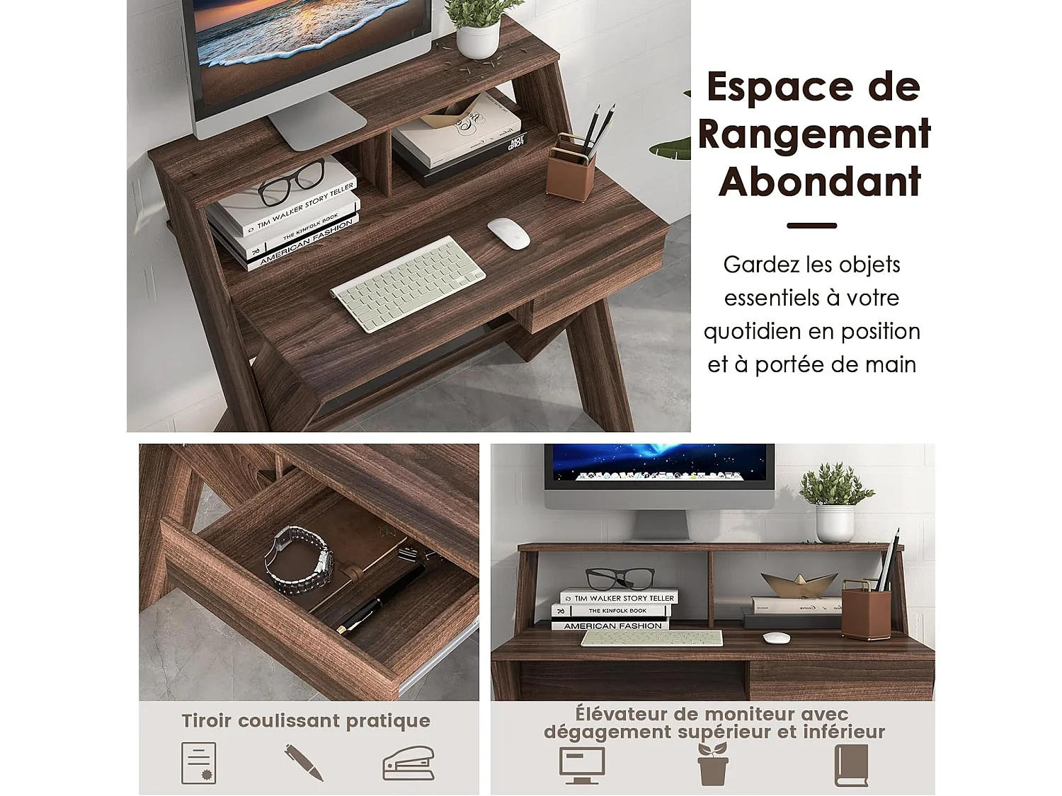 Bureau d'Ordinateur avec Tiroir, Bureau Informatique en Forme de X avec Support d'Écran, Repose-Pieds, Table de Bureau pour Étudier, Jouer, Travailler (Noyer)