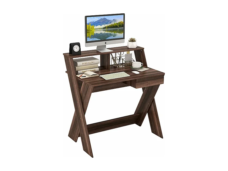 Bureau d'Ordinateur avec Tiroir, Bureau Informatique en Forme de X avec Support d'Écran, Repose-Pieds, Table de Bureau pour Étudier, Jouer, Travailler (Noyer)