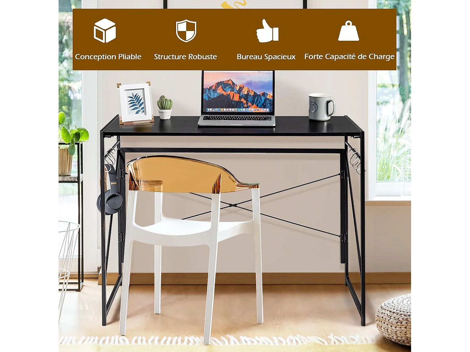 Bureau d'Ordinateur Pliant 100 x 50 cm, Table de Bureau Cadre en Métal, 6 Crochets en Forme de S, Charge 115kg Style Industriel/Moderne (Noir)