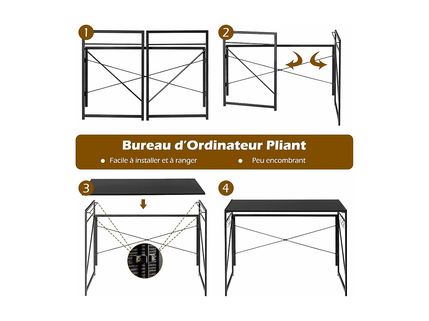 Bureau d'Ordinateur Pliant 100 x 50 cm, Table de Bureau Cadre en Métal, 6 Crochets en Forme de S, Charge 115kg Style Industriel/Moderne (Noir)