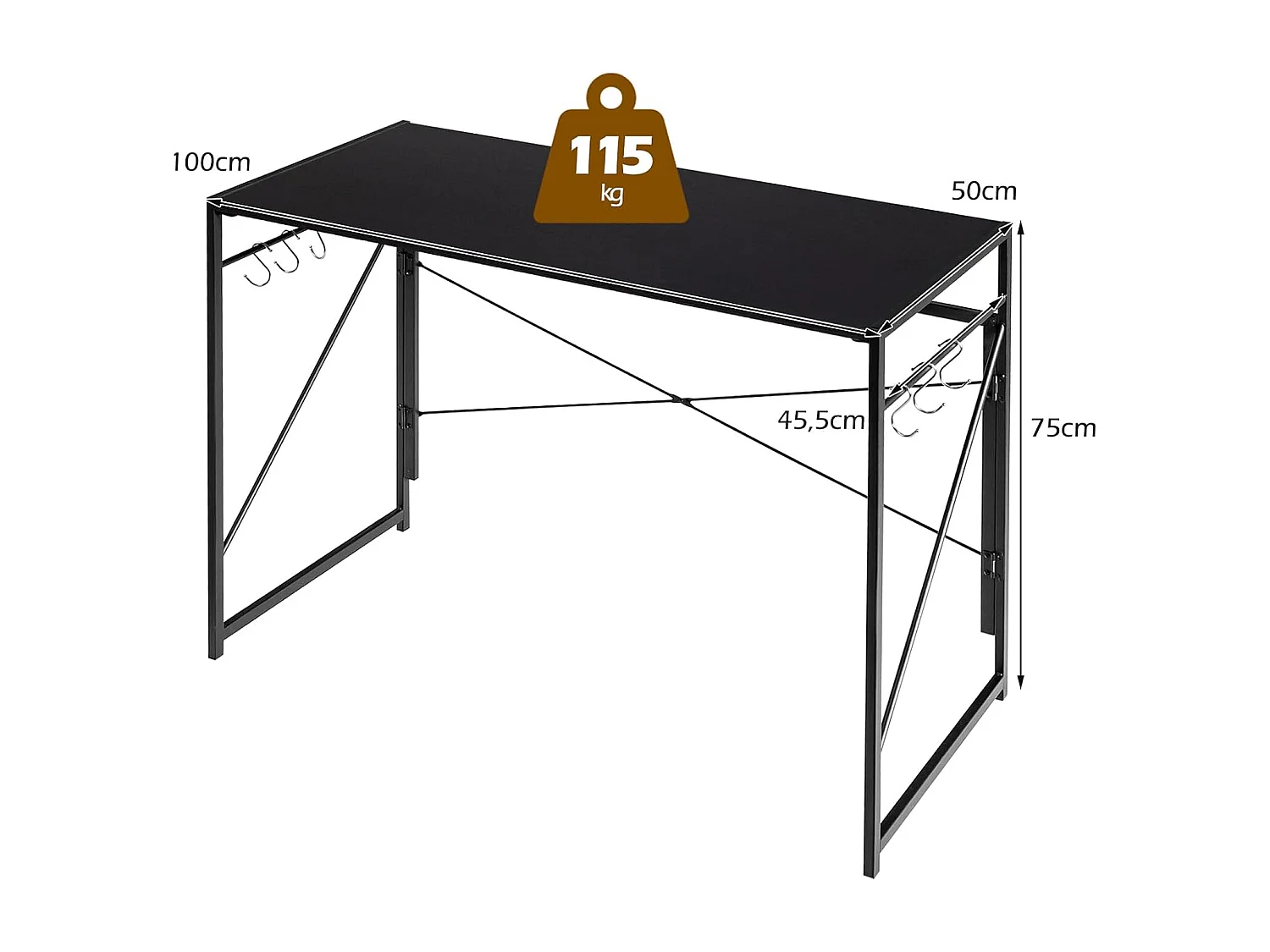 Bureau d'Ordinateur Pliant 100 x 50 cm, Table de Bureau Cadre en Métal, 6 Crochets en Forme de S, Charge 115kg Style Industriel/Moderne (Noir)