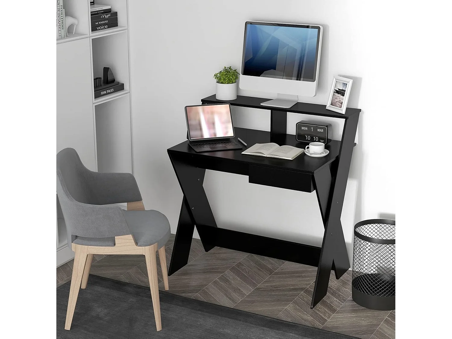 Bureau d'Ordinateur avec Tiroir, Bureau Informatique en Forme de X avec Support d'Écran, Repose-Pieds, Table de Bureau pour Étudier, Jouer, Travailler (Noir)