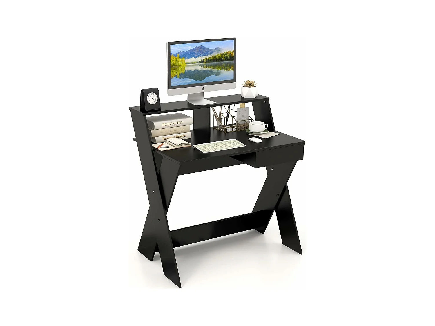 Bureau d'Ordinateur avec Tiroir, Bureau Informatique en Forme de X avec Support d'Écran, Repose-Pieds, Table de Bureau pour Étudier, Jouer, Travailler (Noir)