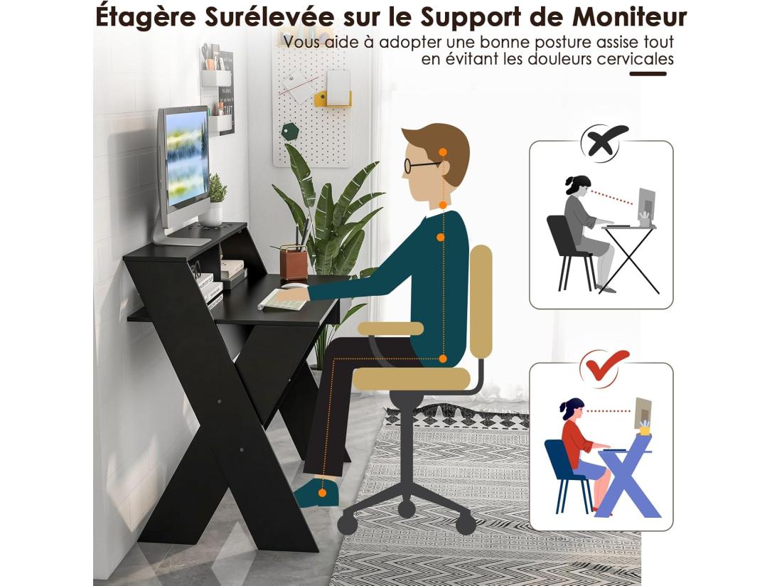 vente unique Bureau d'Ordinateur avec Tiroir Bureau Informatique en Forme de X avec Support d'Écran Repose-Pieds Table de Bureau pour Étudier Jouer Travailler (Noir)