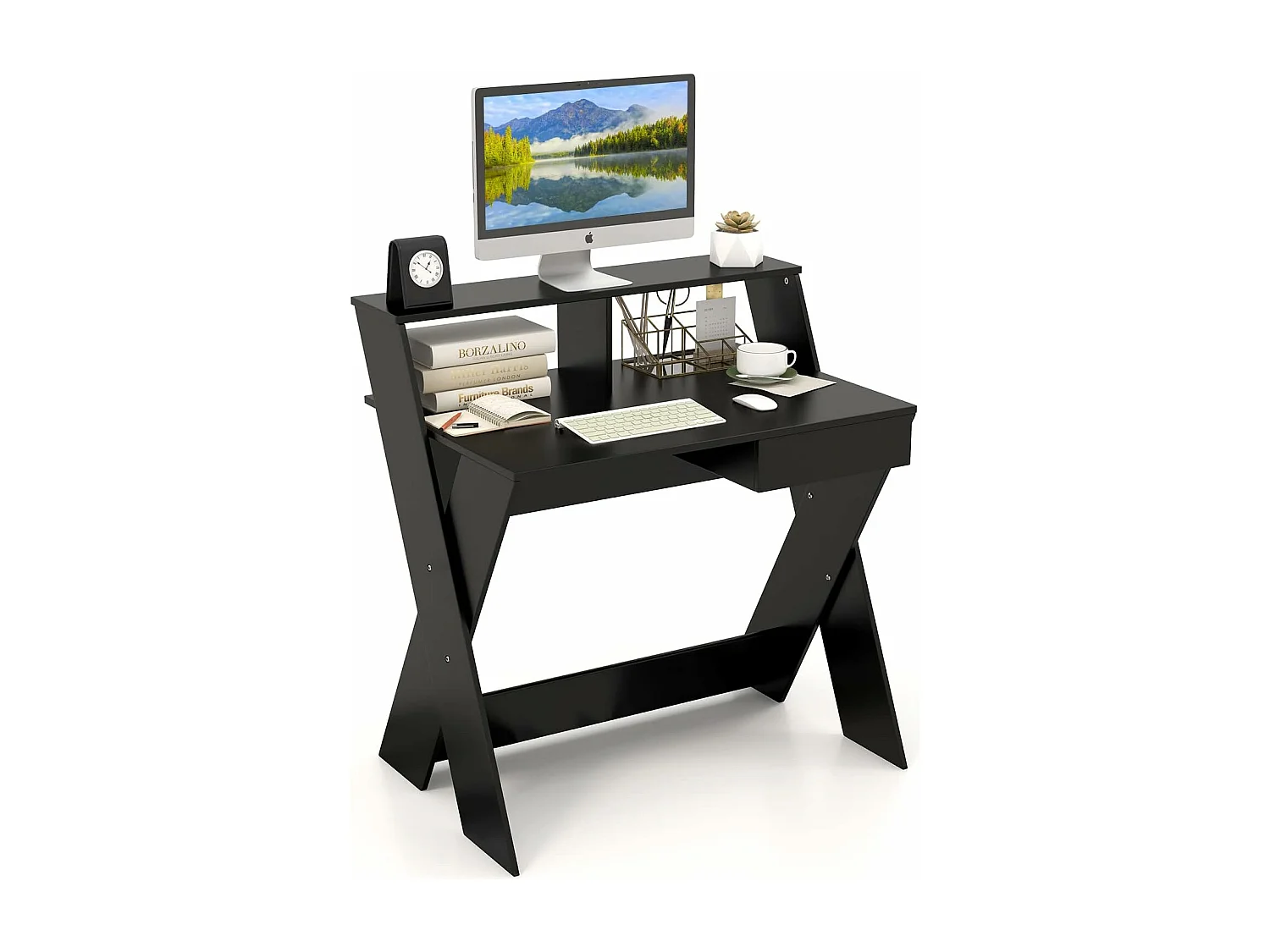 Bureau d'Ordinateur avec Tiroir, Bureau Informatique en Forme de X avec Support d'Écran, Repose-Pieds, Table de Bureau pour Étudier, Jouer, Travailler (Noir)