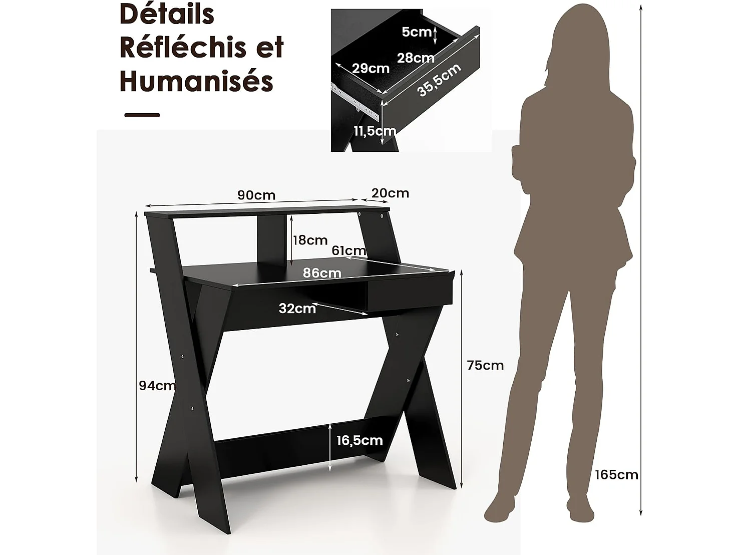 Bureau d'Ordinateur avec Tiroir, Bureau Informatique en Forme de X avec Support d'Écran, Repose-Pieds, Table de Bureau pour Étudier, Jouer, Travailler (Noir)