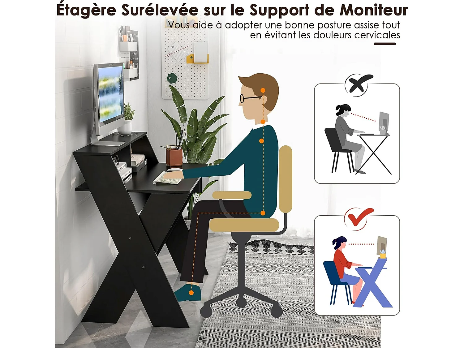Bureau d'Ordinateur avec Tiroir, Bureau Informatique en Forme de X avec Support d'Écran, Repose-Pieds, Table de Bureau pour Étudier, Jouer, Travailler (Noir)
