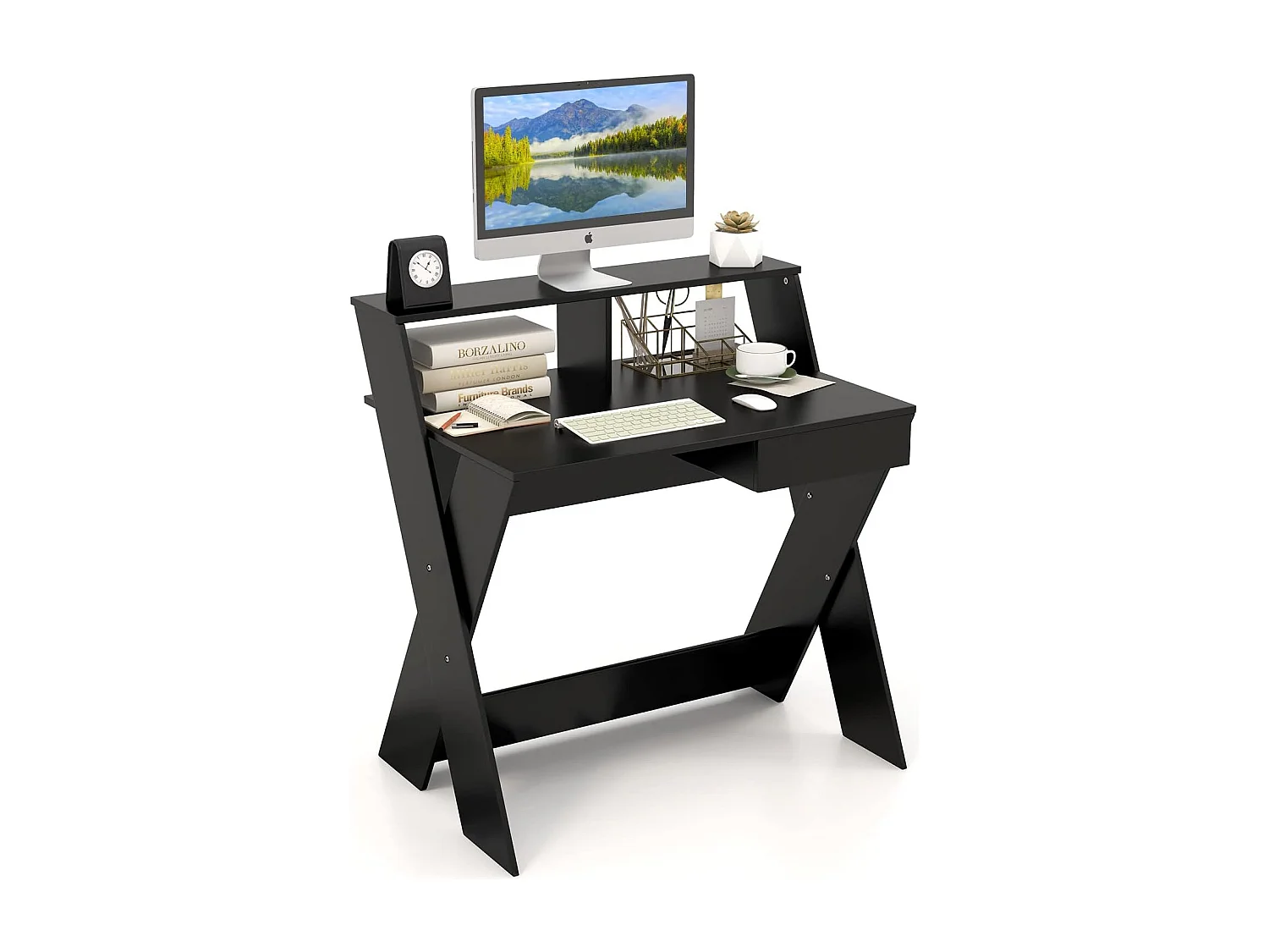 Bureau d'Ordinateur avec Tiroir, Bureau Informatique en Forme de X avec Support d'Écran, Repose-Pieds, Table de Bureau pour Étudier, Jouer, Travailler (Noir)