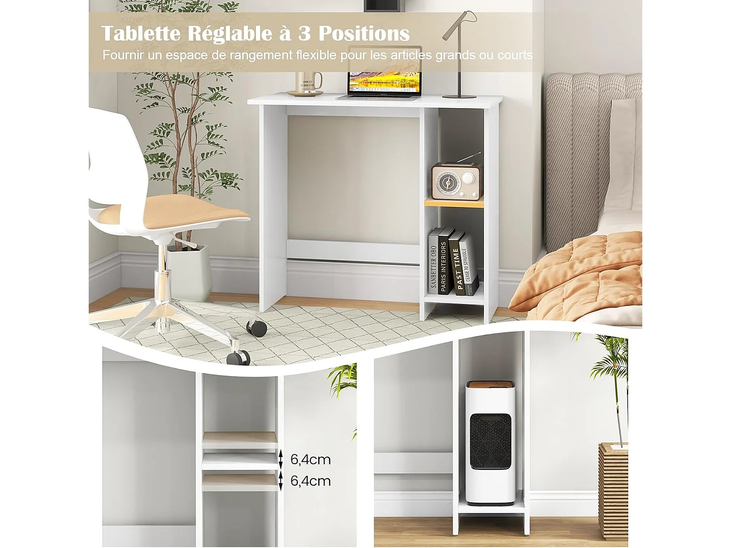 Bureau Blanc, Table d'Ordinateur avec Étagères de Rangement, Bureau d'Etude Étagère Réglable, Bureau Informatique pour Bureau, Chambre, Studio, Blanc