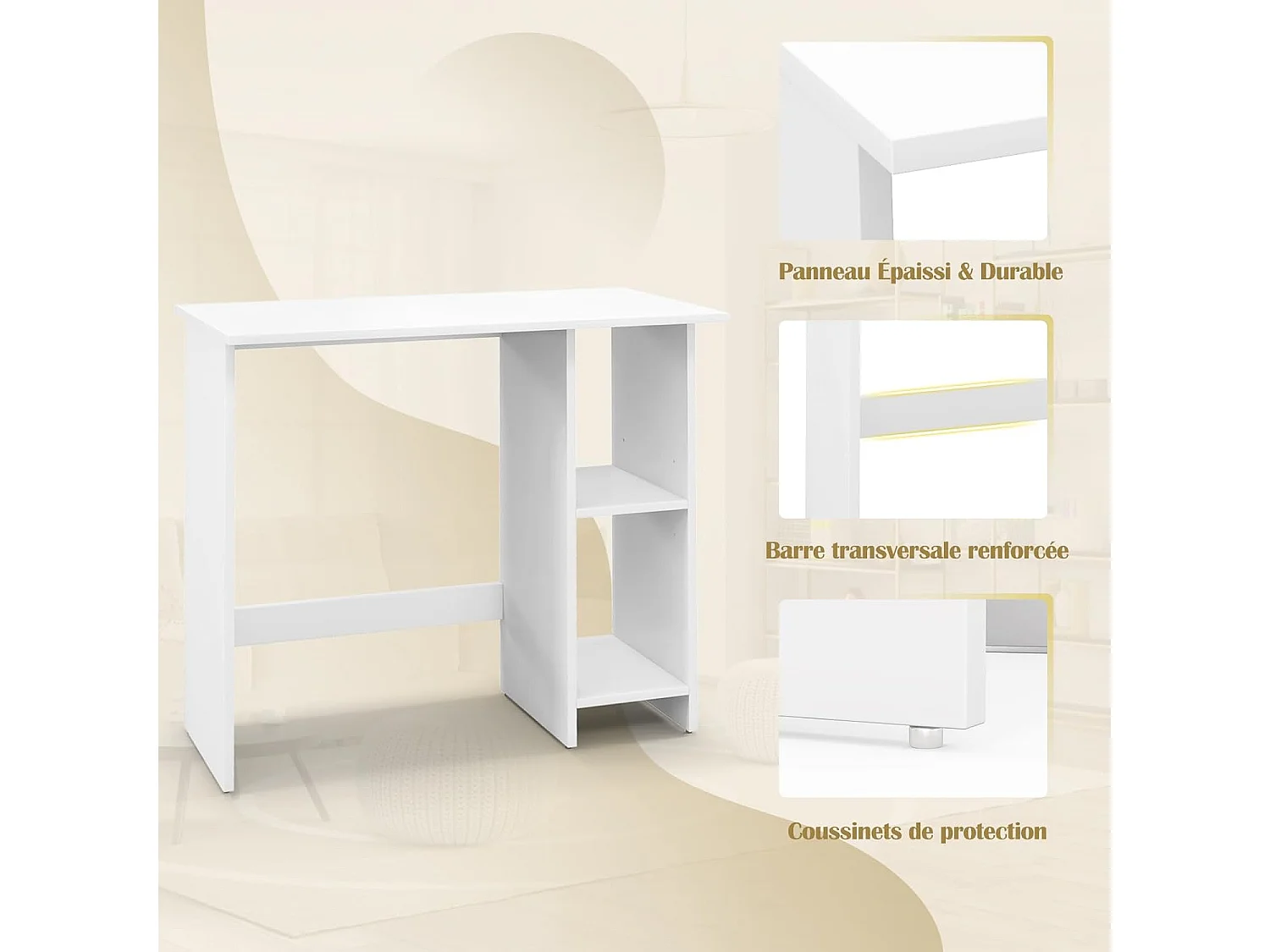 Bureau Blanc, Table d'Ordinateur avec Étagères de Rangement, Bureau d'Etude Étagère Réglable, Bureau Informatique pour Bureau, Chambre, Studio, Blanc