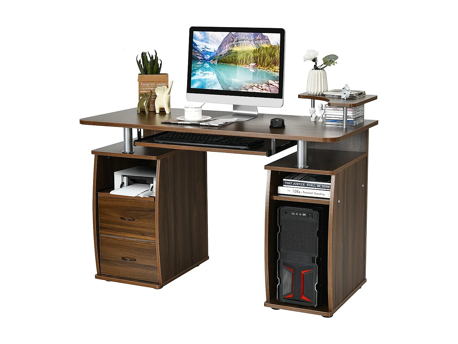 Bureau Informatique Table de Bureau en MDF pour Ordinateur Multi-Rangements avec Tablette Imprimante, Tablette à Clavier Coulissante, 2 Tiroirs 120x55x85cm (Noyer)