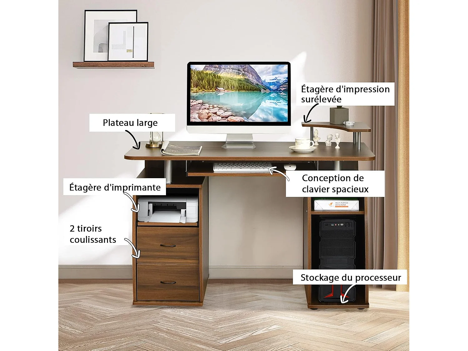 Bureau Informatique Table de Bureau en MDF pour Ordinateur Multi-Rangements avec Tablette Imprimante, Tablette à Clavier Coulissante, 2 Tiroirs 120x55x85cm (Noyer)
