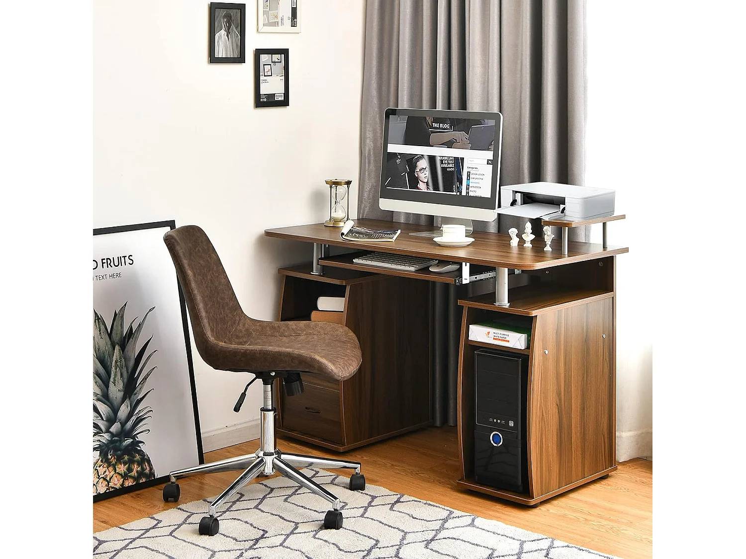 Bureau Informatique Table de Bureau en MDF pour Ordinateur Multi-Rangements avec Tablette Imprimante, Tablette à Clavier Coulissante, 2 Tiroirs 120x55x85cm (Noyer)