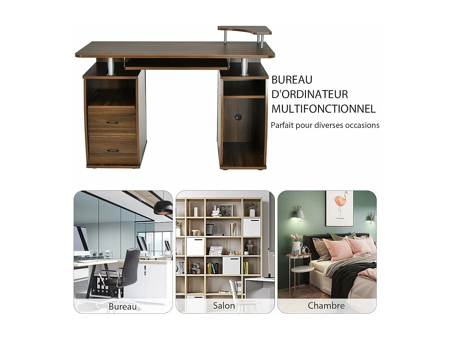 Bureau Informatique Table de Bureau en MDF pour Ordinateur Multi-Rangements avec Tablette Imprimante, Tablette à Clavier Coulissante, 2 Tiroirs 120x55x85cm (Noyer)