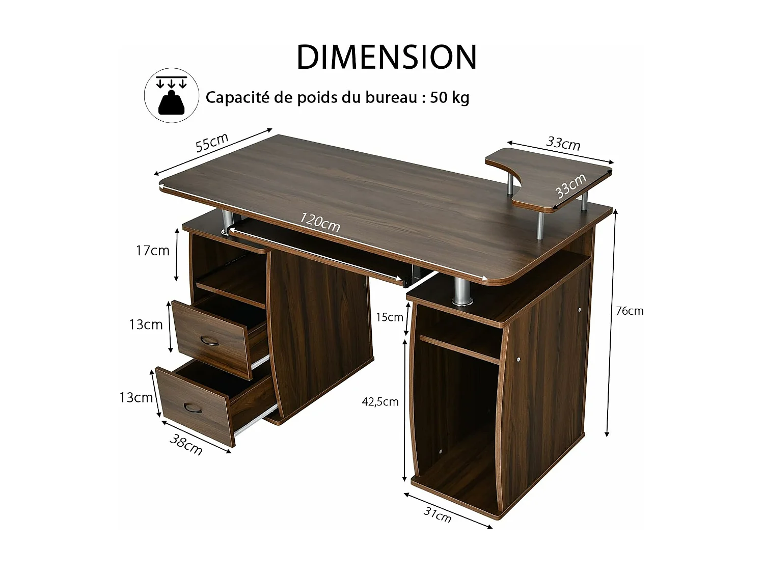 Bureau Informatique Table de Bureau en MDF pour Ordinateur Multi-Rangements avec Tablette Imprimante, Tablette à Clavier Coulissante, 2 Tiroirs 120x55x85cm (Noyer)