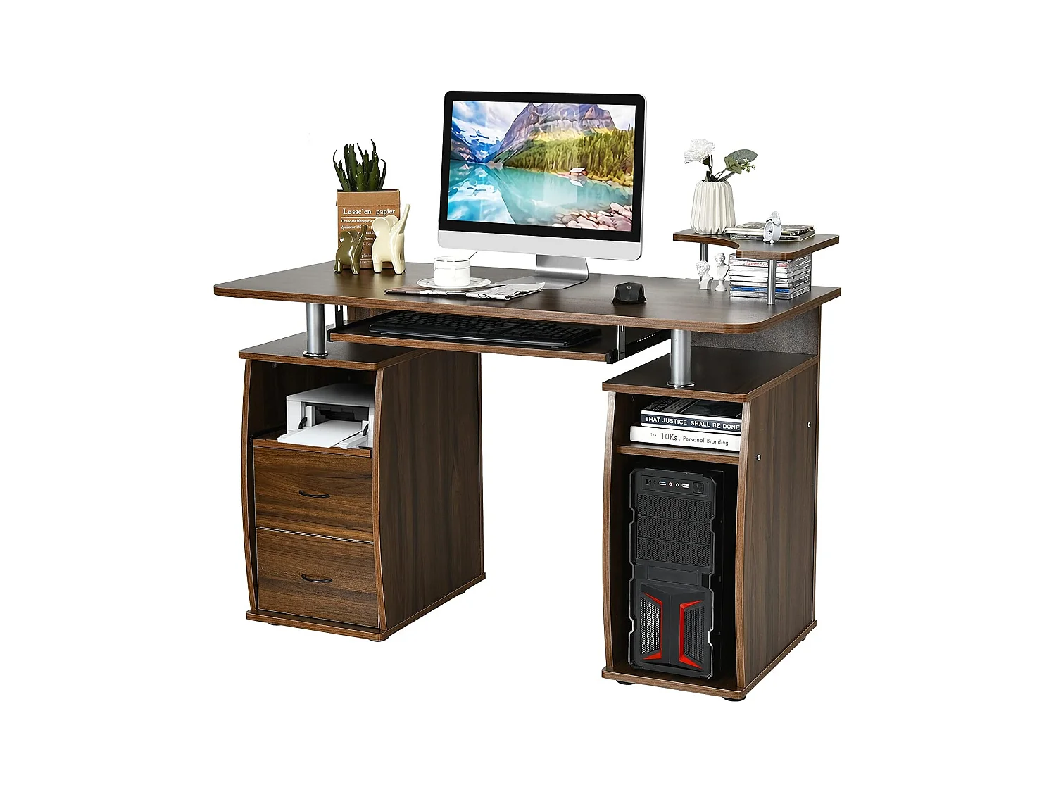 Bureau Informatique Table de Bureau en MDF pour Ordinateur Multi-Rangements avec Tablette Imprimante, Tablette à Clavier Coulissante, 2 Tiroirs 120x55x85cm (Noyer)