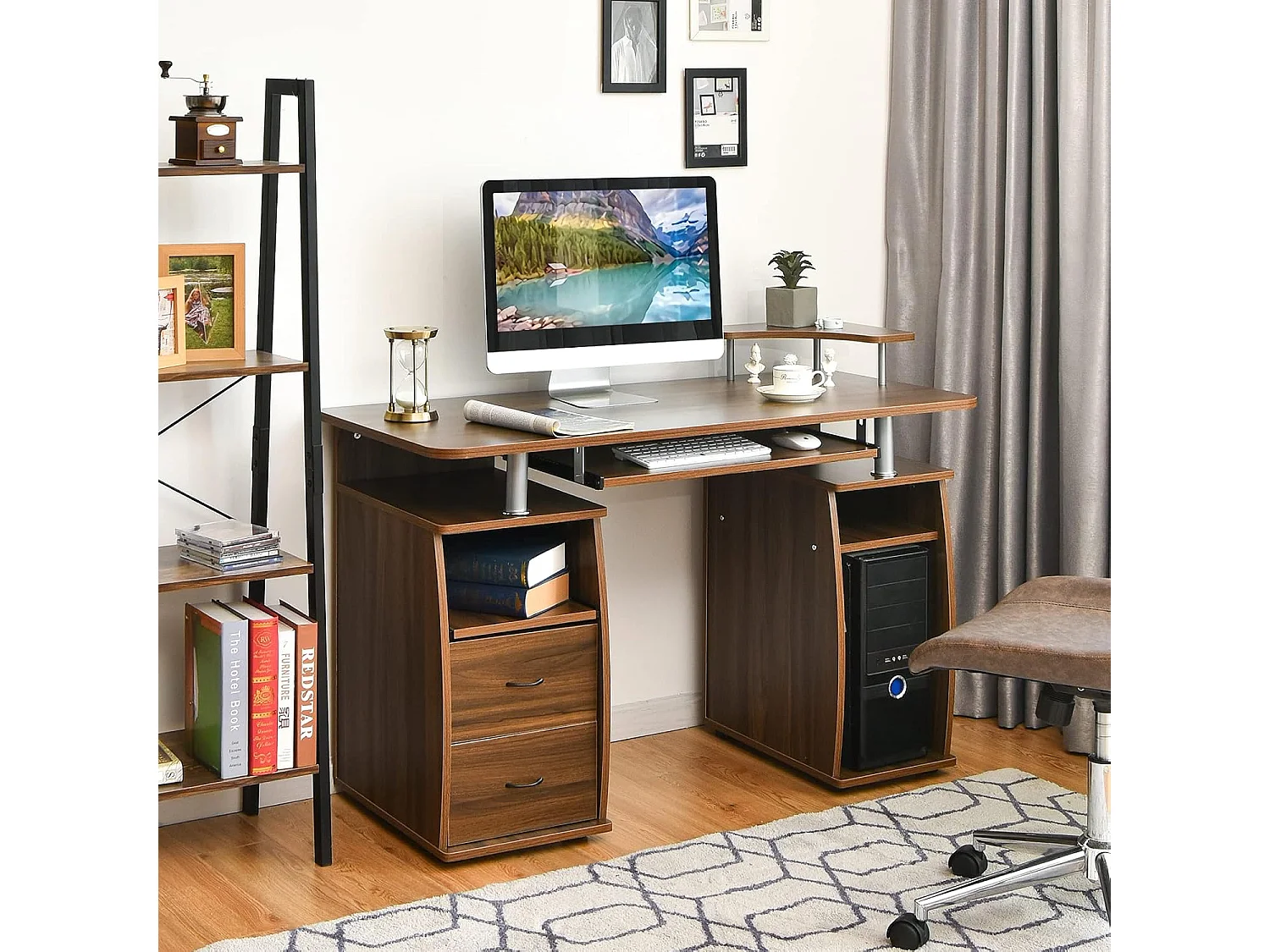 Bureau Informatique Table de Bureau en MDF pour Ordinateur Multi-Rangements avec Tablette Imprimante, Tablette à Clavier Coulissante, 2 Tiroirs 120x55x85cm (Noyer)