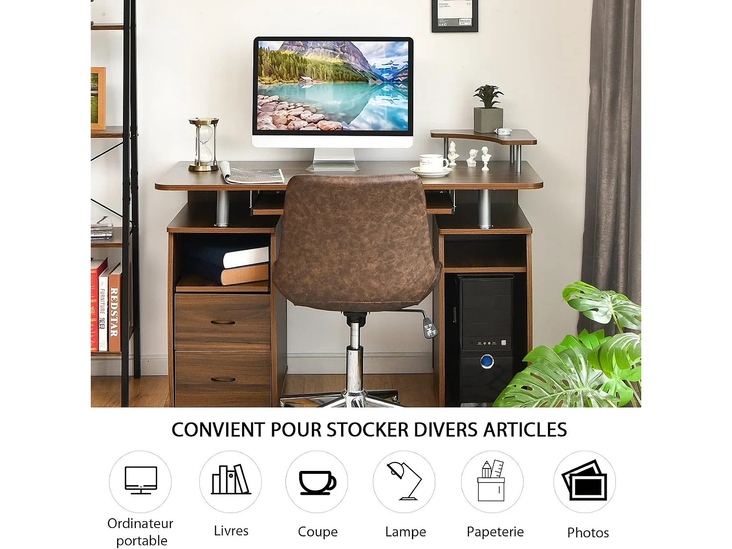 Bureau Informatique Table de Bureau en MDF pour Ordinateur Multi-Rangements avec Tablette Imprimante, Tablette à Clavier Coulissante, 2 Tiroirs 120x55x85cm (Noyer)