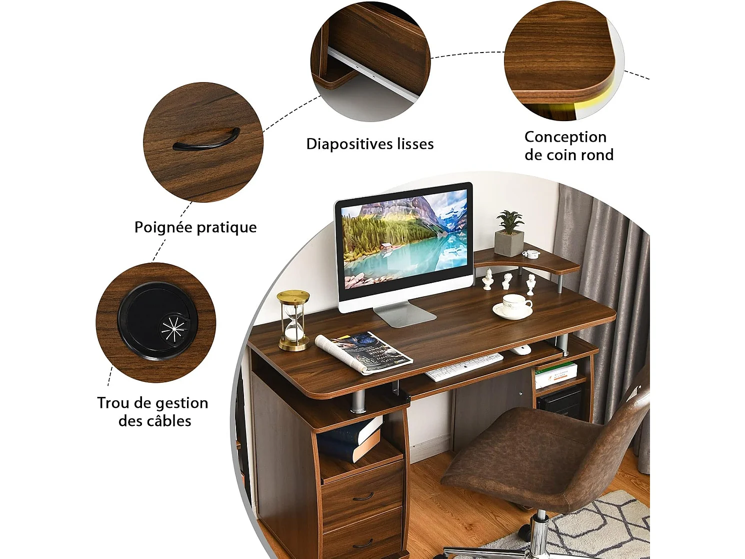 Bureau Informatique Table de Bureau en MDF pour Ordinateur Multi-Rangements avec Tablette Imprimante, Tablette à Clavier Coulissante, 2 Tiroirs 120x55x85cm (Noyer)