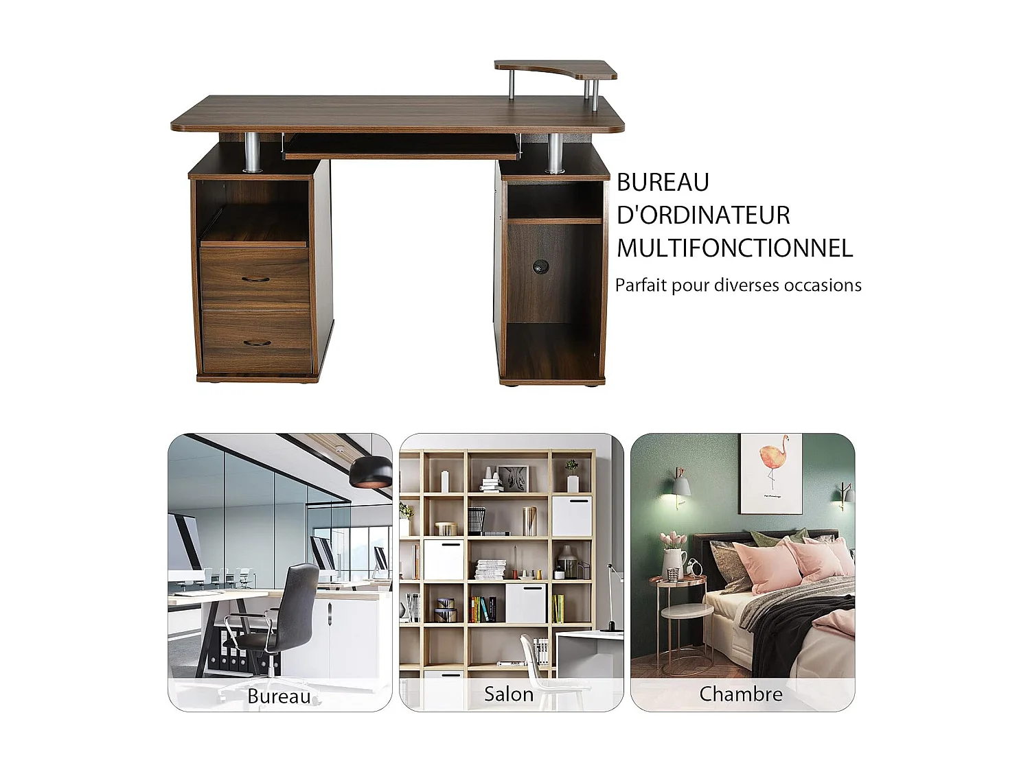 Bureau Informatique Table de Bureau en MDF pour Ordinateur Multi-Rangements avec Tablette Imprimante, Tablette à Clavier Coulissante, 2 Tiroirs 120x55x85cm (Noyer)