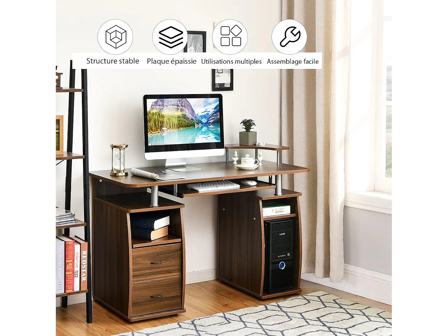 Bureau Informatique Table de Bureau en MDF pour Ordinateur Multi-Rangements avec Tablette Imprimante, Tablette à Clavier Coulissante, 2 Tiroirs 120x55x85cm (Noyer)