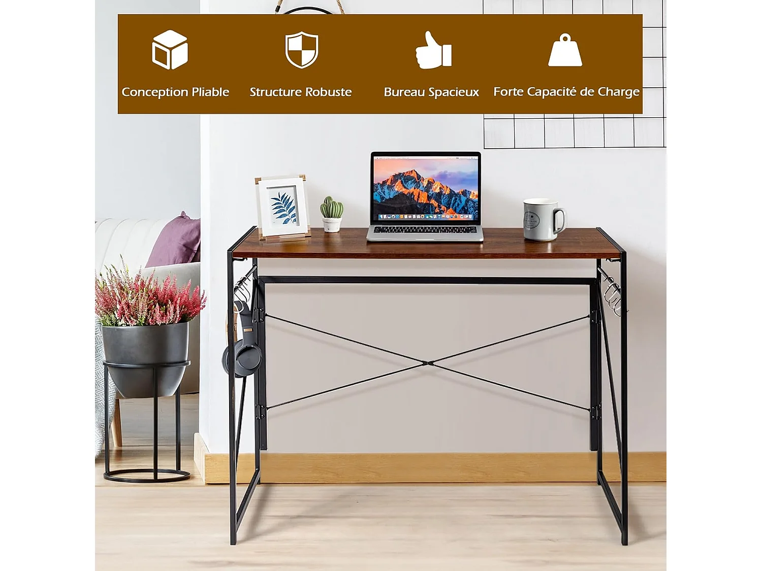 Bureau d'Ordinateur Pliant 100 x 50 cm, Table de Bureau Cadre en Métal, 6 Crochets en Forme de S, Charge 115kg Style Industriel/Moderne (Marron)