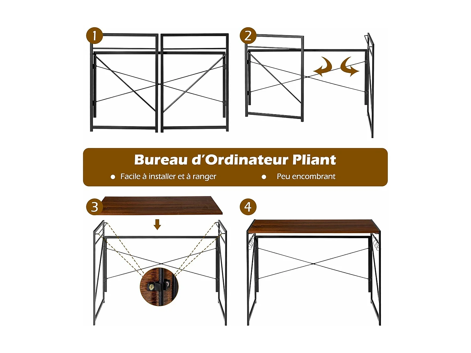 Bureau d'Ordinateur Pliant 100 x 50 cm, Table de Bureau Cadre en Métal, 6 Crochets en Forme de S, Charge 115kg Style Industriel/Moderne (Marron)