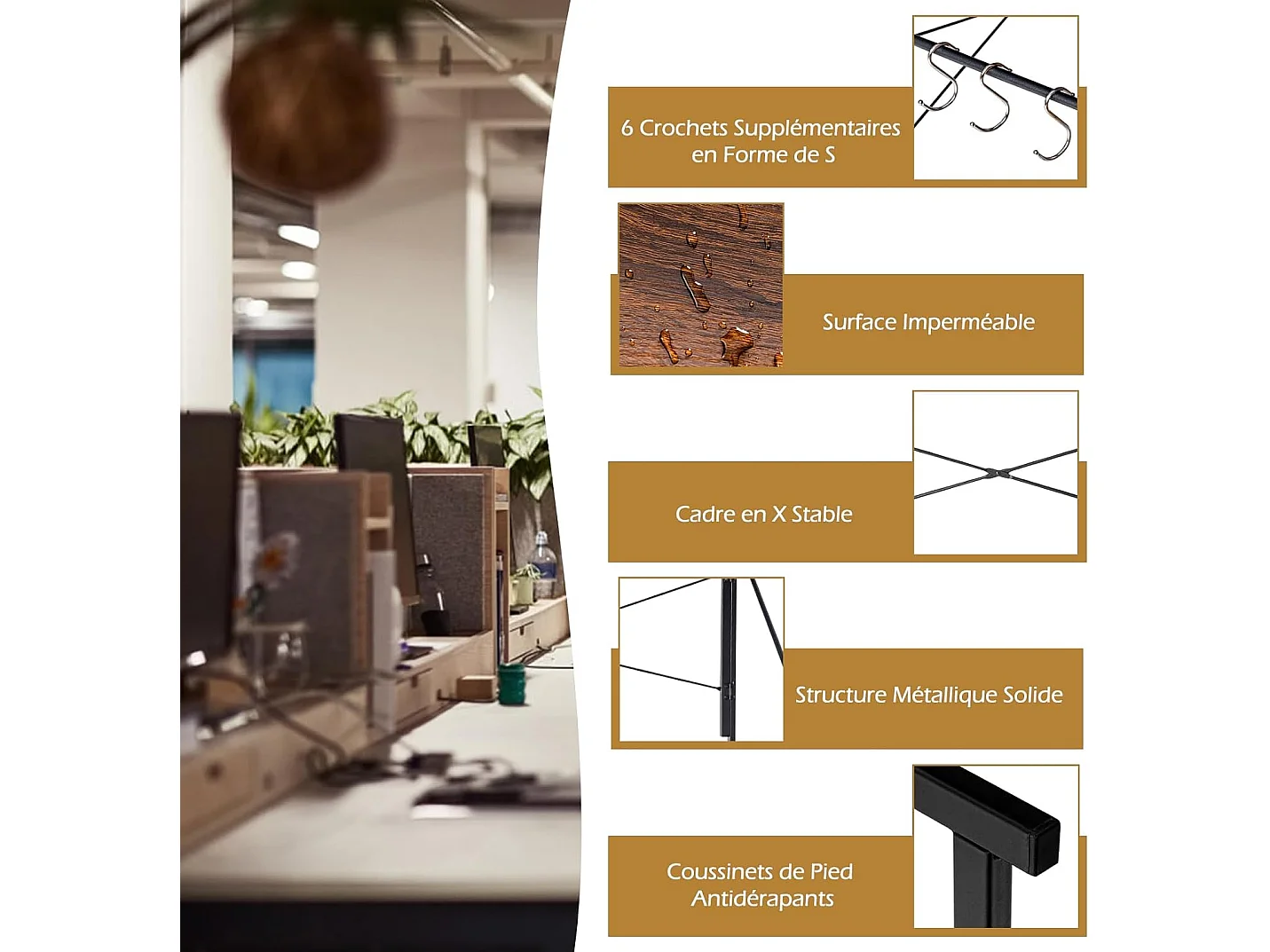Bureau d'Ordinateur Pliant 100 x 50 cm, Table de Bureau Cadre en Métal, 6 Crochets en Forme de S, Charge 115kg Style Industriel/Moderne (Marron)