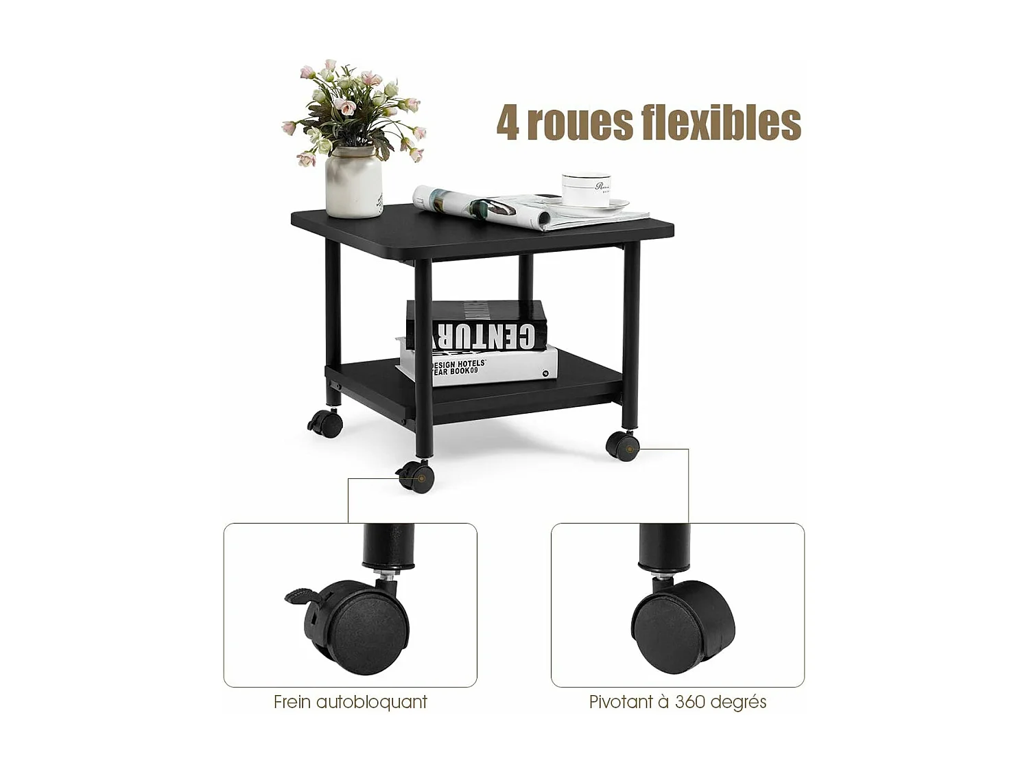 Support d'Imprimante à Roulette à 2 Niveaux, Etagère Rangement à Multi-Fonction pour Maison,Bureau Noir