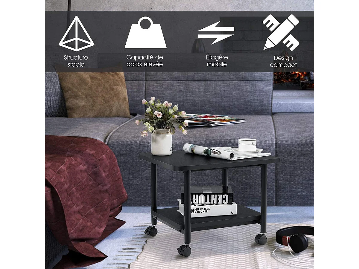 Support d'Imprimante à Roulette à 2 Niveaux, Etagère Rangement à Multi-Fonction pour Maison,Bureau Noir