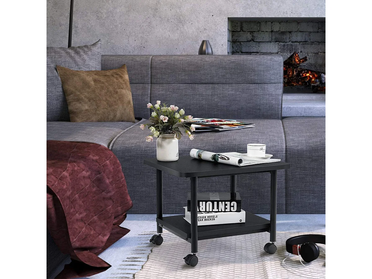 Support d'Imprimante à Roulette à 2 Niveaux, Etagère Rangement à Multi-Fonction pour Maison,Bureau Noir